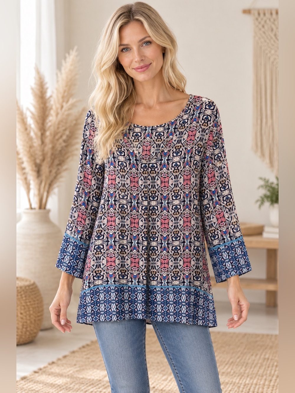 Rose & Olive Boho Navy and Tan Patterned Scoop-Neck Tunic